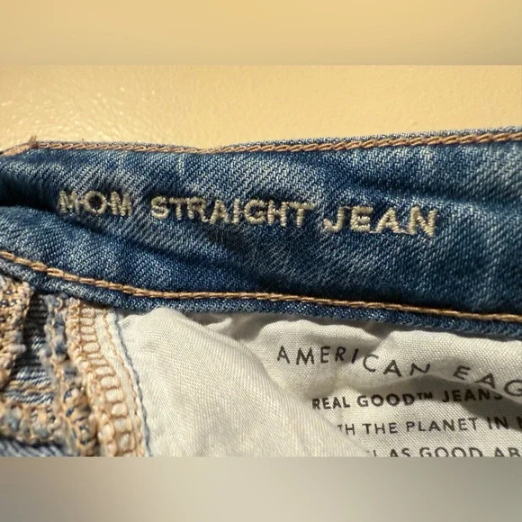 NWT American Eagle Mom Straight Jean Blue Denim plaid patchwork size 8 reg - Picture 11 of 12